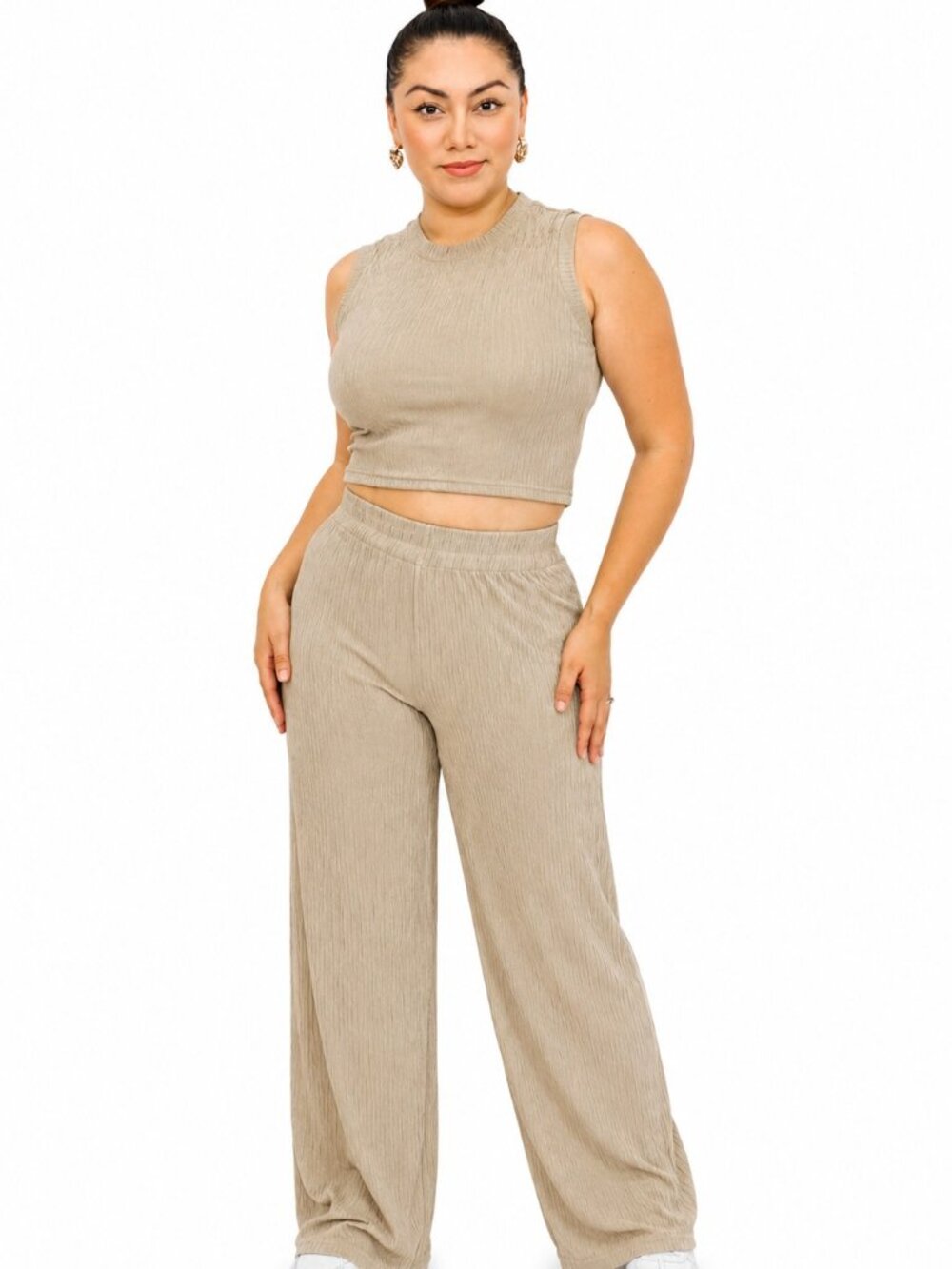 Women's 2 Piece Ribbed Matching Set Sleeveless Crop Top Wide Leg Pants – Khaki